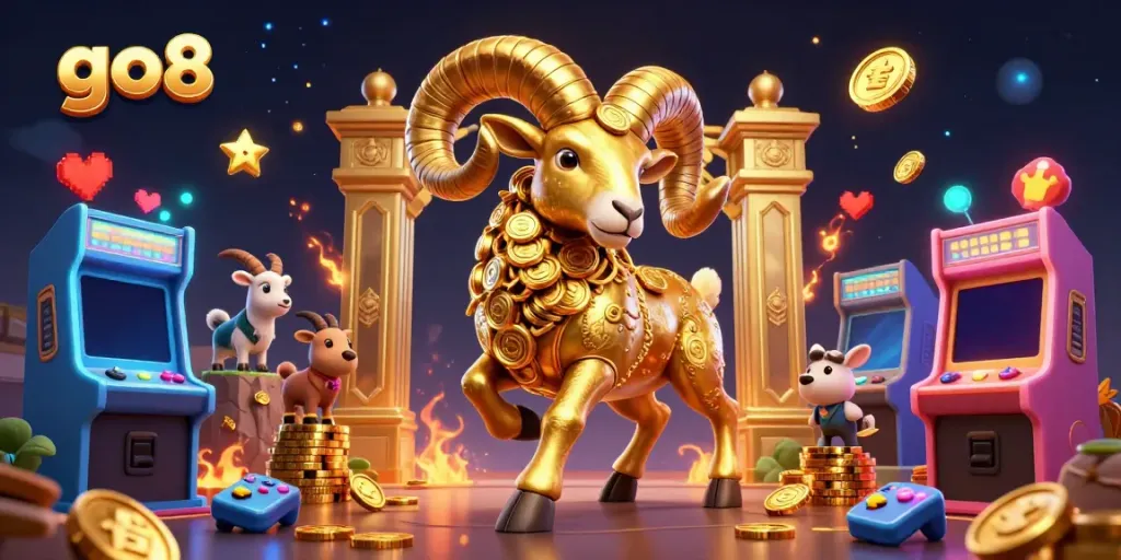 Experience the thrill of go8 at a vibrant casino scene with golden ram and 3D arcade machines.
