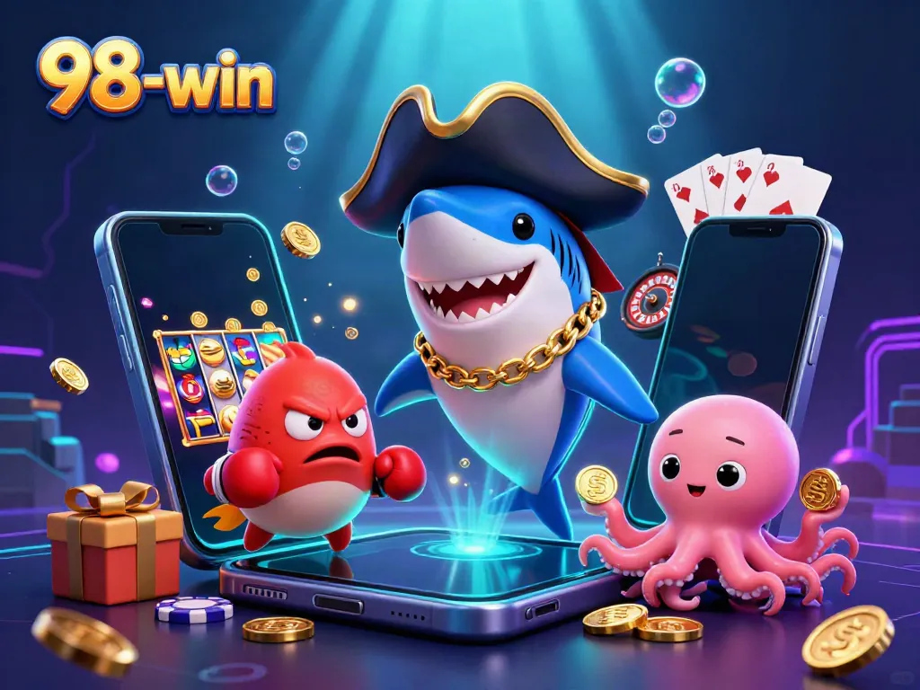 Engage in winning moments with 98-win as cartoon shark and friends enjoy games amid vibrant colors.