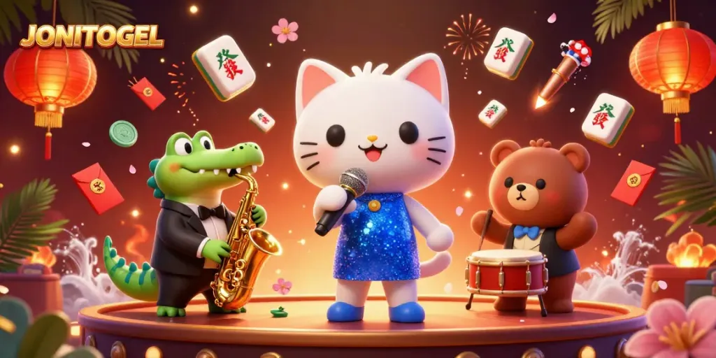 Experience the vibrant energy of JONITOGEL with a jazz-singer cat, cool crocodile, and bear cub performing in a lively casino scene.