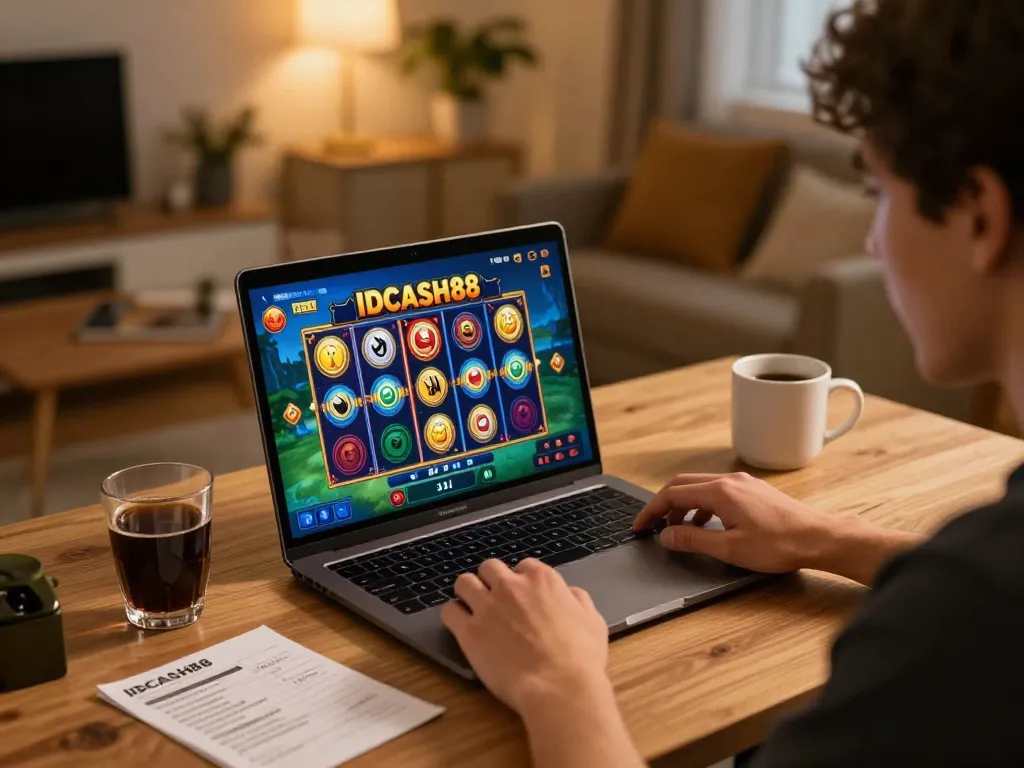 Player enjoying a thrilling online slot experience at IDCASH88 on laptop, showcasing excitement in a cozy home setup.