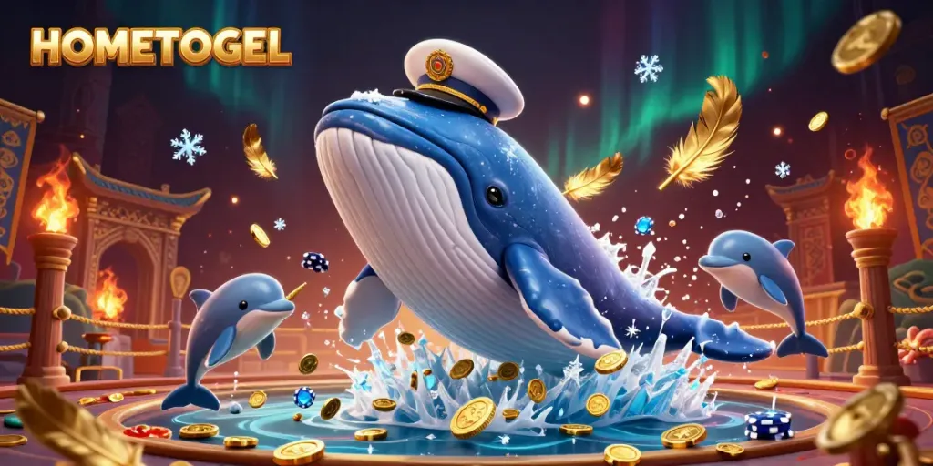 Engage with HOMETOGEL’s vibrant casino world featuring a cartoon whale, narwhal, and playful dolphins.