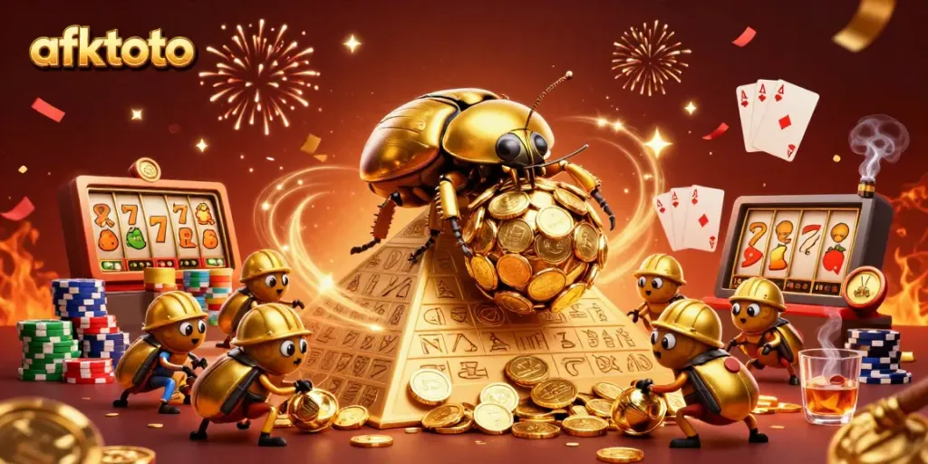 Experience the excitement at afktoto with a dynamic casino scene featuring golden beetles and vibrant slot elements.