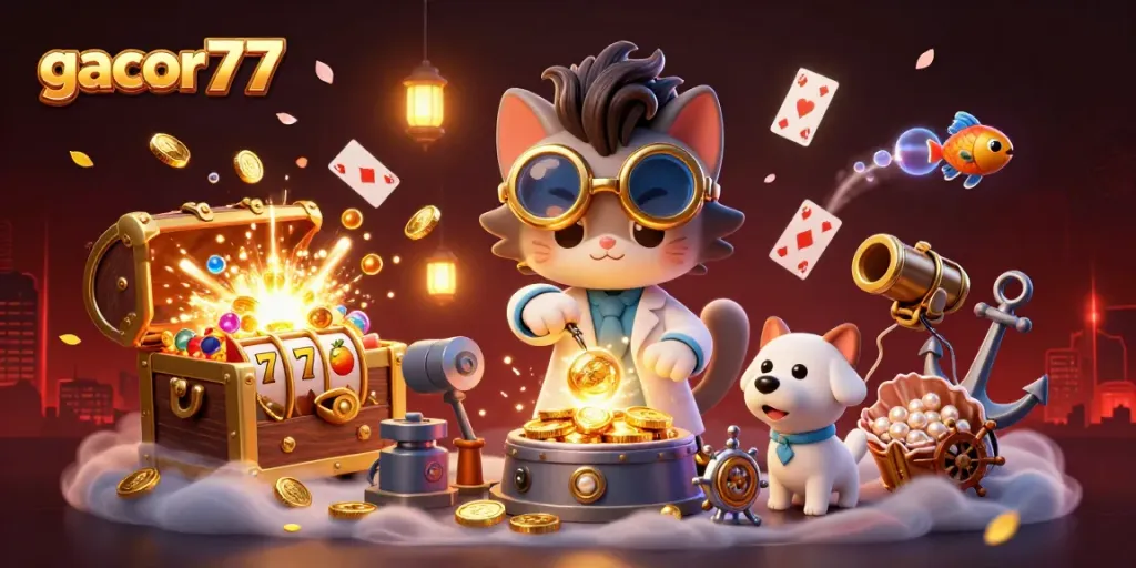 Gacor77 melibatkan ilustrasi kucing ilmuwan yang mengklaim koin emas dalam suasana kasino digital.