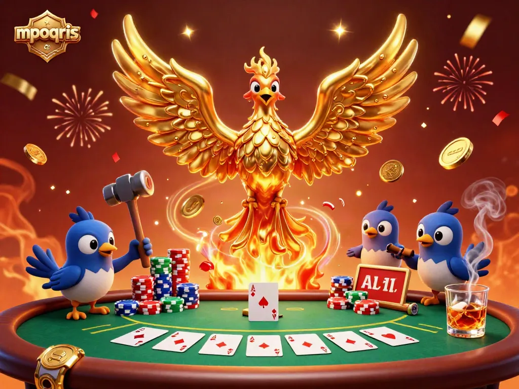 Permainan poker meriah dengan mpoqris, phoenix emas cair menghasilkan koin di tengah suasana pesta.