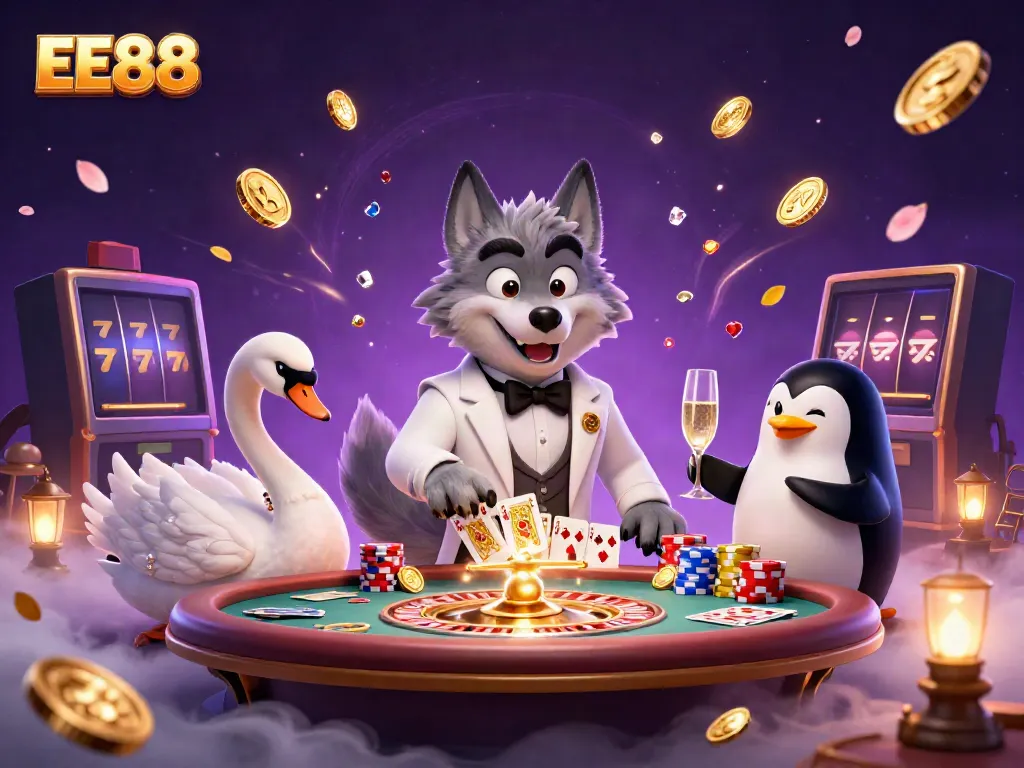 Experience the excitement of gaming at EE88 with a vibrant 3D illustration of a casino scene featuring a debonair wolf and elegant characters.
