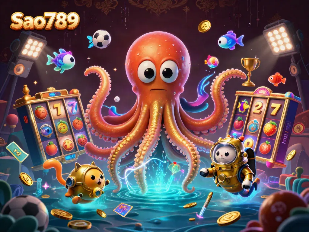 Sao789 portrays a vibrant 3D casino scene with a golden kraken and diving cat amidst slot games and sports elements.