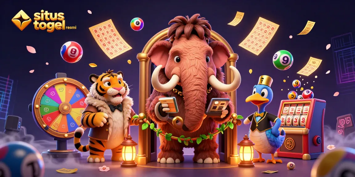 Bermain di situs togel resmi dengan bouncer mamut dan tamu VIP, dihiasi bola lotere berwarna-warni.