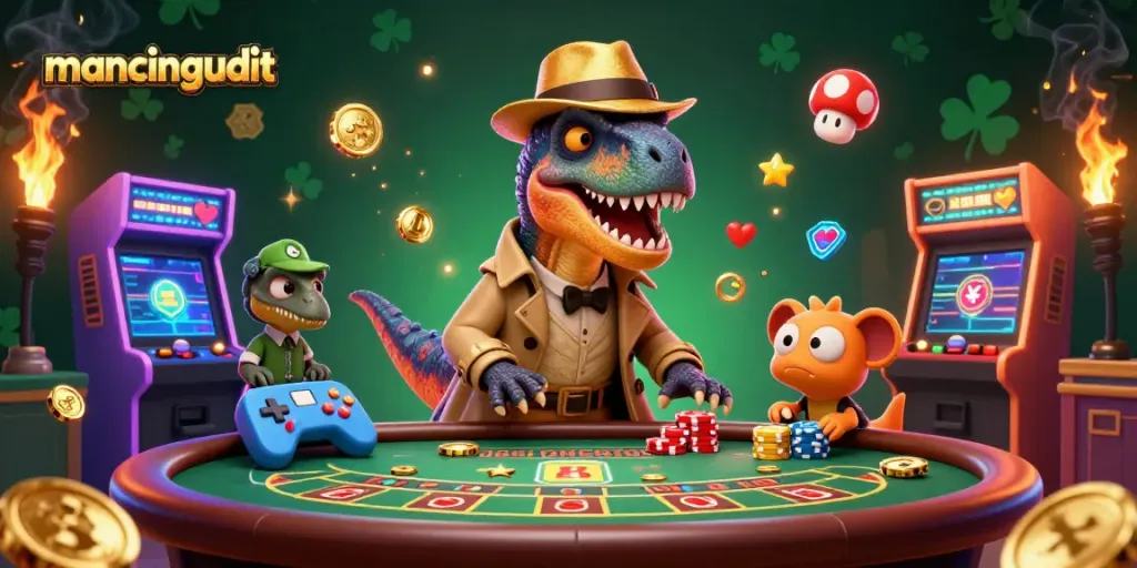 Experience thrilling mancingduit odds with a cartoon velociraptor at a vibrant blackjack table.