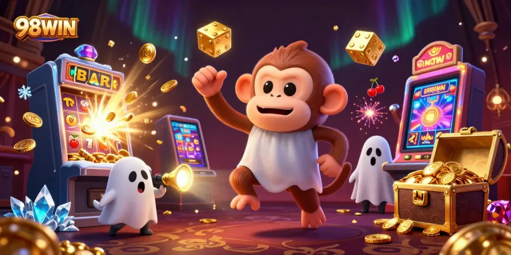 Engage with thrilling 98WIN casino experiences through a lively illustration of a playful ghost-hunting adventure.