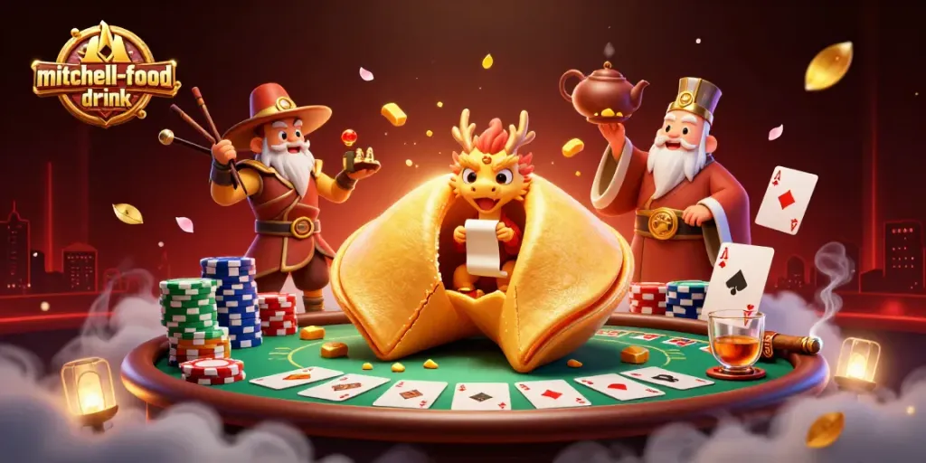 Engage in thrilling games at mitchell-food-drink with lively poker table, vibrant characters, and golden elements.