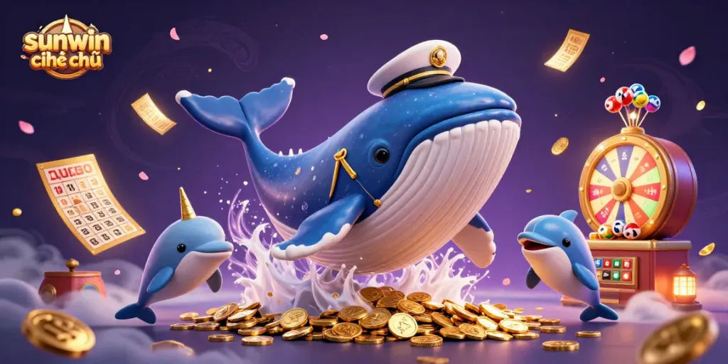 Experience the excitement of sunwin chính chủ with a colorful 3D casino scene featuring a whale and playful dolphins.