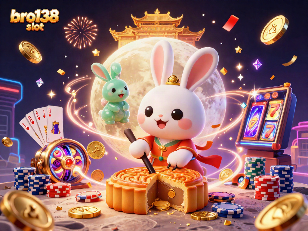 Spin the bro138 slot reels featuring a charming moon rabbit in a casino-themed celebration.