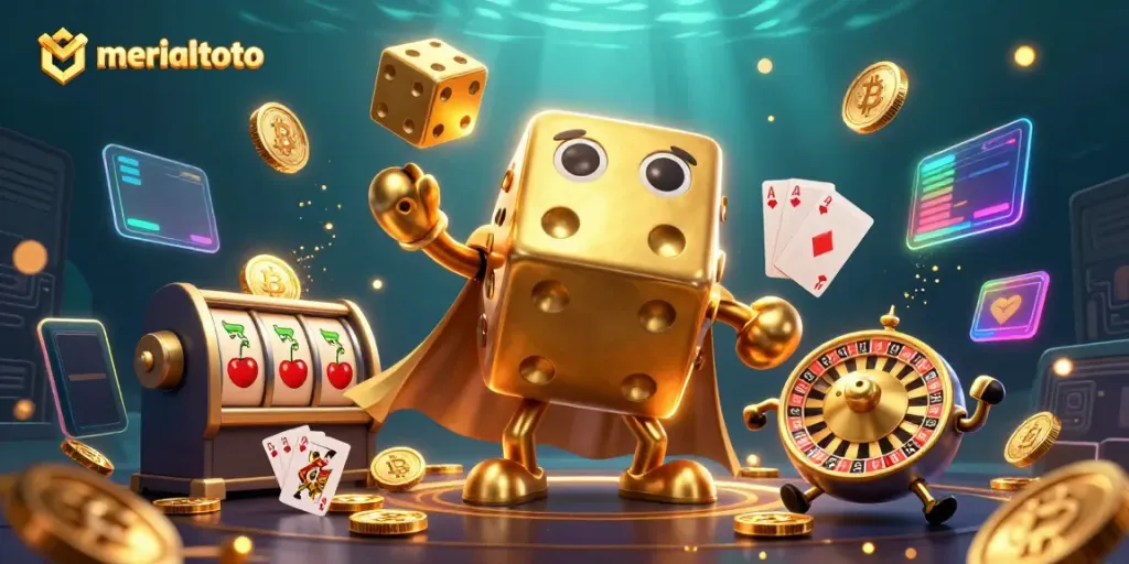 Putaran kemenangan meriahtoto dengan dadu emas dan simbol slot yang menarik