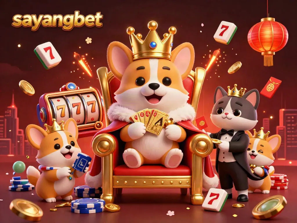 Win big with sayangbet in this vibrant 3D casino scene showcasing royal characters and gaming elements.