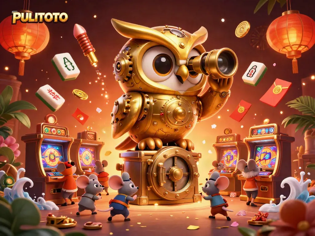 PULITOTO invites players to embrace luck on the casino floor, featuring animated characters and vibrant elements.