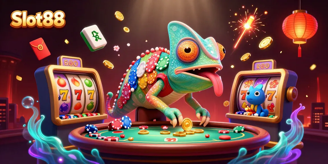 Slot88 mempersembahkan ilustrasi kasino yang berwarna-warni, dengan ekor chameleon menangkap koin emas.