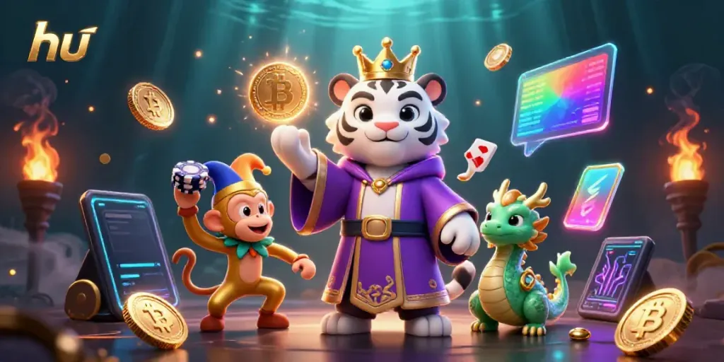 Engage with the hu-themed casino experience featuring a regal white tiger and playful monkey, surrounded by crypto elements.