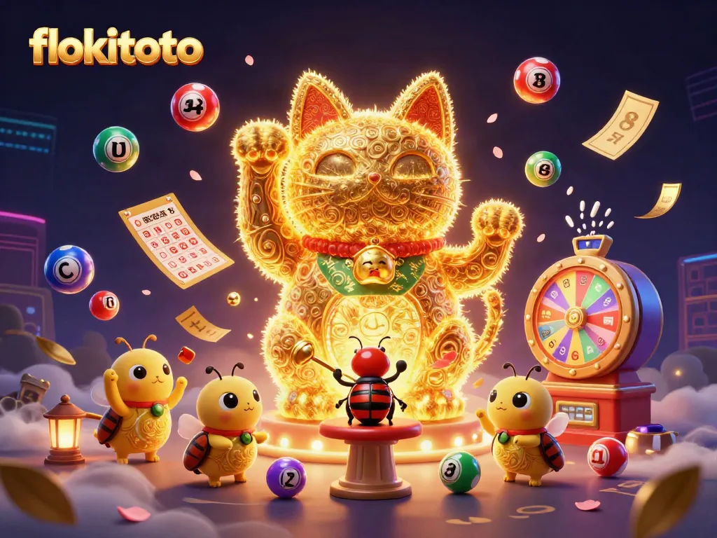 Experience the thrill of gaming on flokitoto with a vibrant giant lucky cat surrounded by casino symbols.