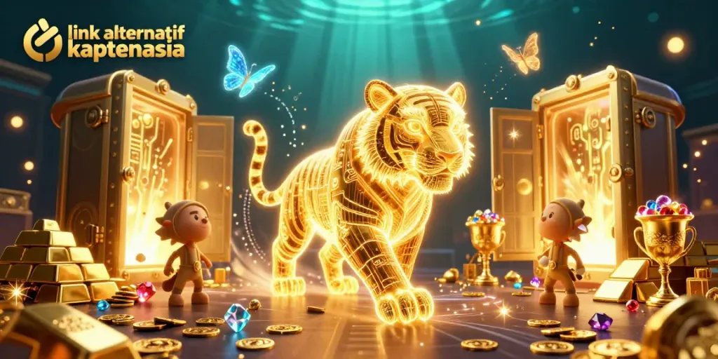 Mengaktifkan link alternatif kaptenasia dengan gambar penuh warna dari kasino digital dan karakter tikus emas berpikir.