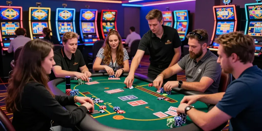 Players enjoying the Wolfbet bonus code experience at a modern casino, featuring gaming tables and vibrant lighting.