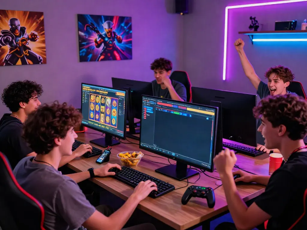 Suasana ceria bermain slot88 online di ruangan gaming modern.