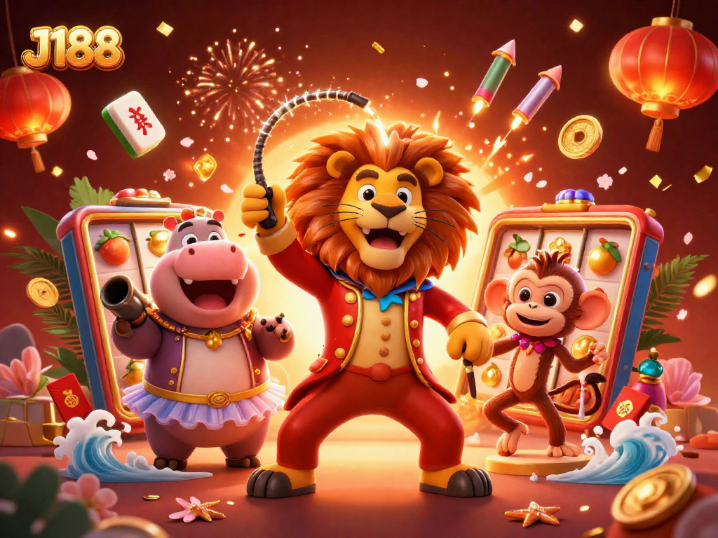 Engage with J188's vibrant casino scene featuring lively characters amid spinning slots and festive decorations.