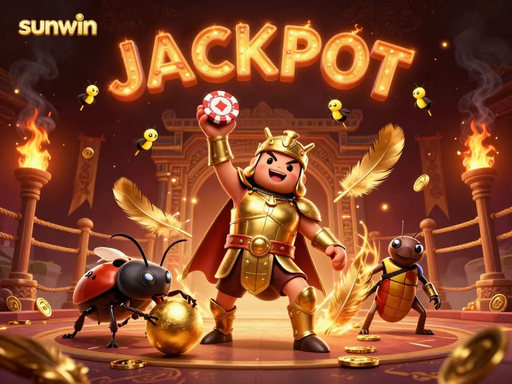 Engage in the excitement of sunwin with a victorious beetle character lifting a poker chip amid a festive casino backdrop.