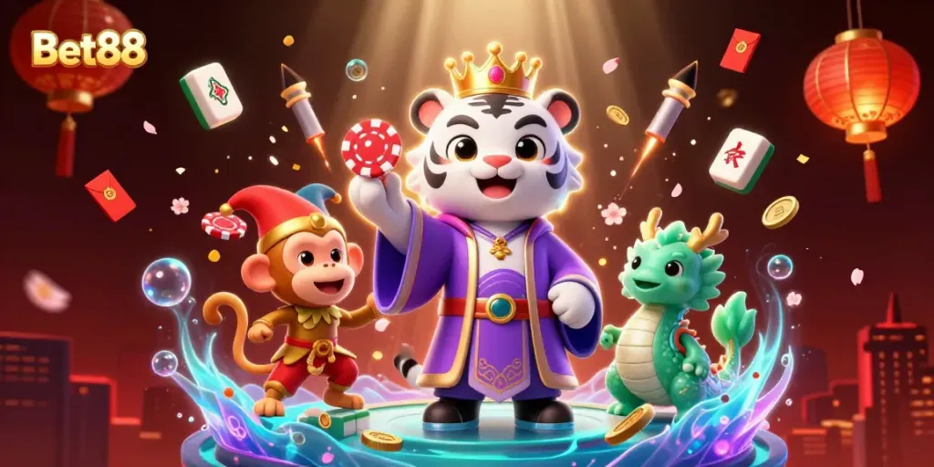 Engage with Bet88’s vibrant 3D casino scene featuring a majestic tiger, playful monkey, and jade dragon amidst festive elements.