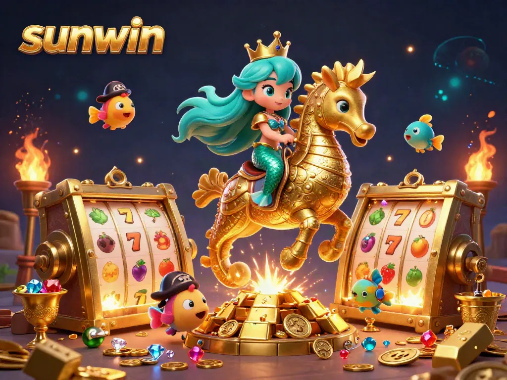 Experience the thrill of sunwin with a dynamic casino-themed illustration featuring a mermaid and treasures.