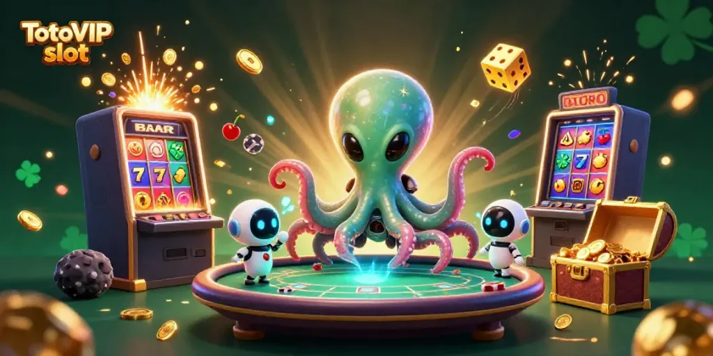 Engage with thrilling gameplay in the TotoVIP slot universe, where an alien octopus and robot navigate a multi-dimensional casino landscape.