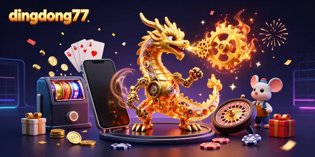 Experience the thrill of dingdong77 as a golden dragon breathes golden gears amidst vibrant slot game visuals.