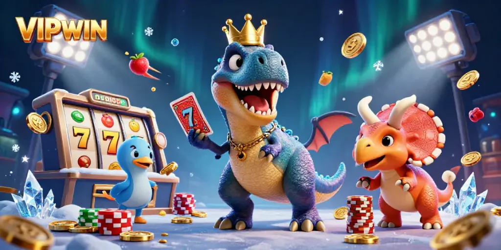 VIPWIN's imaginative casino world with a T-Rex, pterodactyl, and triceratops engaged in a vibrant slot game scene.