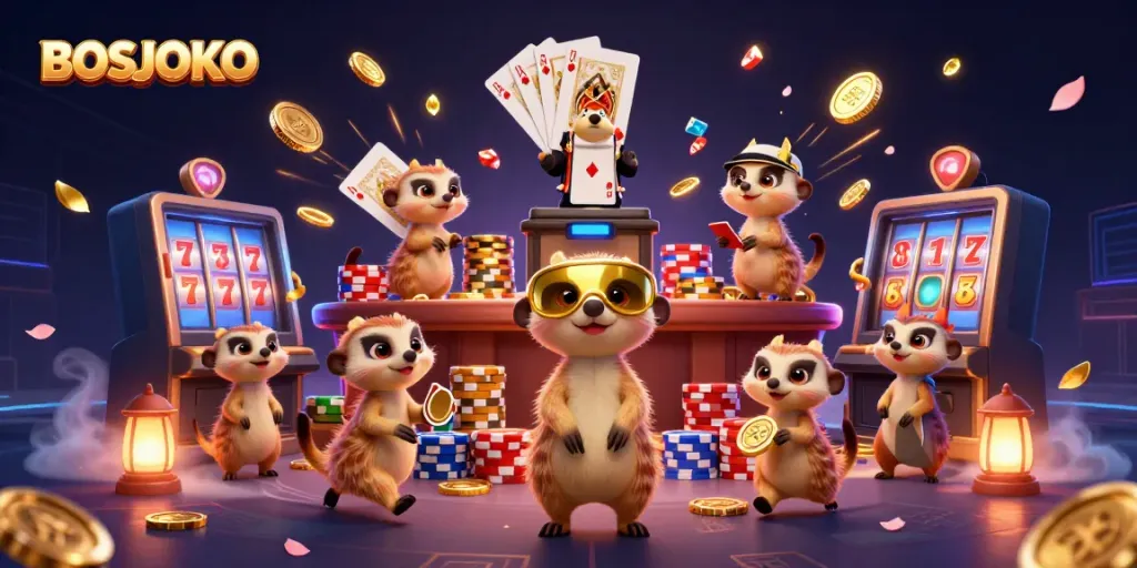 Experience excitement at BOSJOKO casino with animated meerkats amidst magical gambling elements.