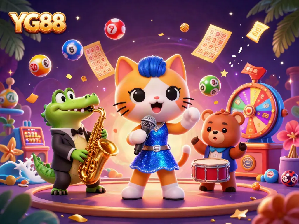Experience exciting gaming with YG88 in a vibrant casino-themed illustration featuring fun characters and lottery elements.