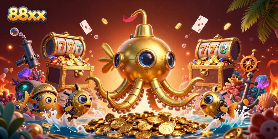 Spin the reels with 88xx, as the kraken rides through a sea of golden coins and slot symbols.
