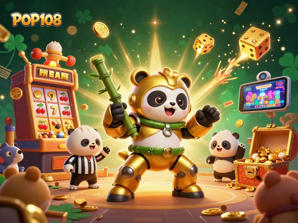 Permainan slot POP108 dengan panda emas dan robot tempur di arena kasino.