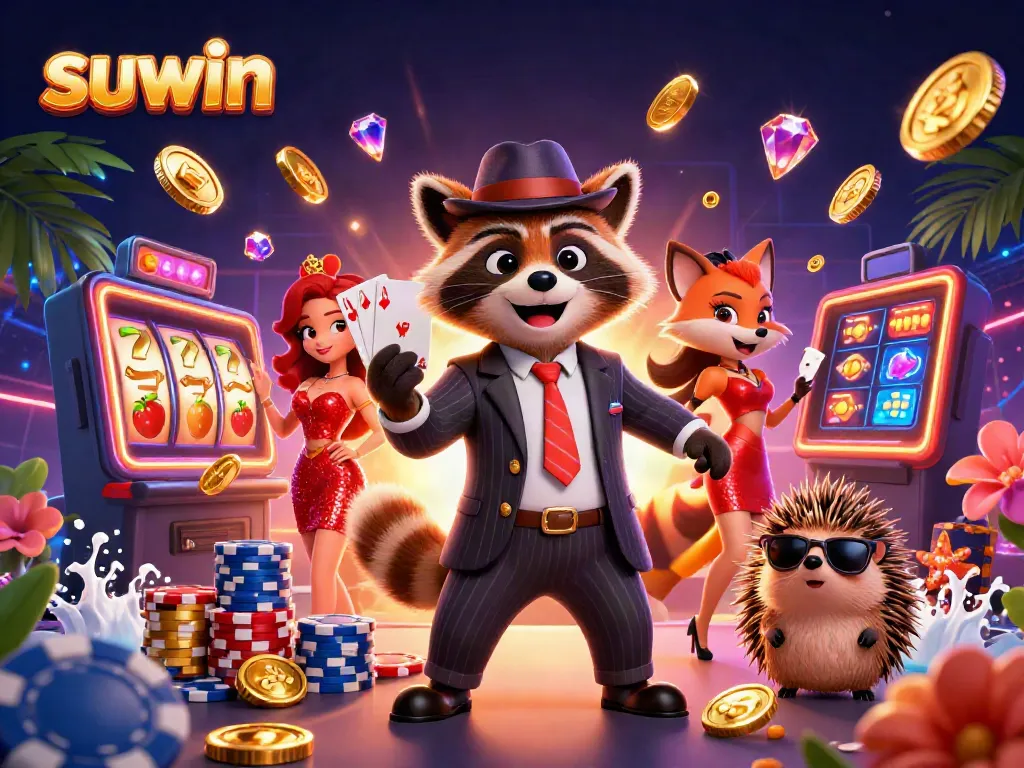 Suwin's exciting slots action showcases a suave raccoon, a fox in sequins, and a bouncer amidst vibrant reels.