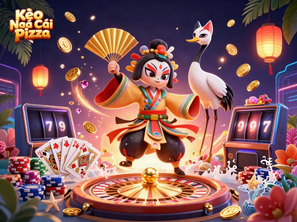 Kèo Nhà Cái Pizza showcases vibrant 3D illustrations of kabuki warrior and kitsune characters amidst casino elements.