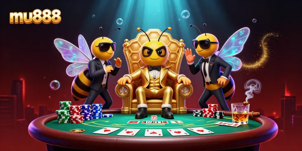 Experience high-stakes gambling with mu888 in an energetic 3D poker scene featuring bumblebee mob bosses.