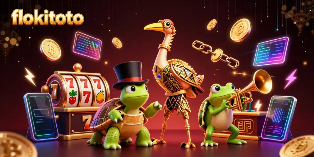 Experience electric gameplay with flokitoto at an extravagant speakeasy featuring unique characters and slot game elements.