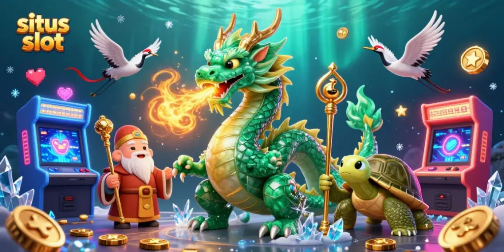 Menghadirkan situs slot yang menarik dengan karakter naga dan kura-kura, dikelilingi mesin arcade dan elemen permainan yang berkilau.