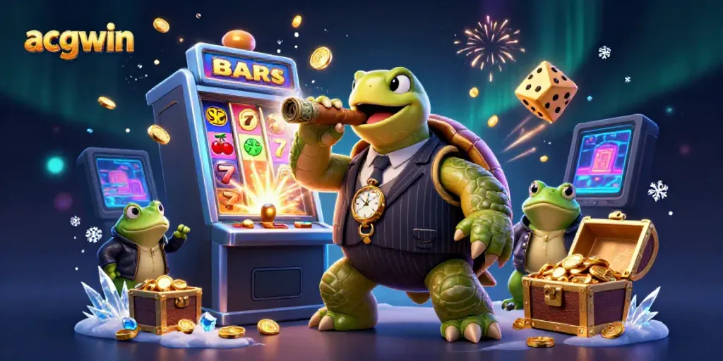 Experience acgwin excitement with a cartoon snapping turtle and jackpot-filled slot machine.