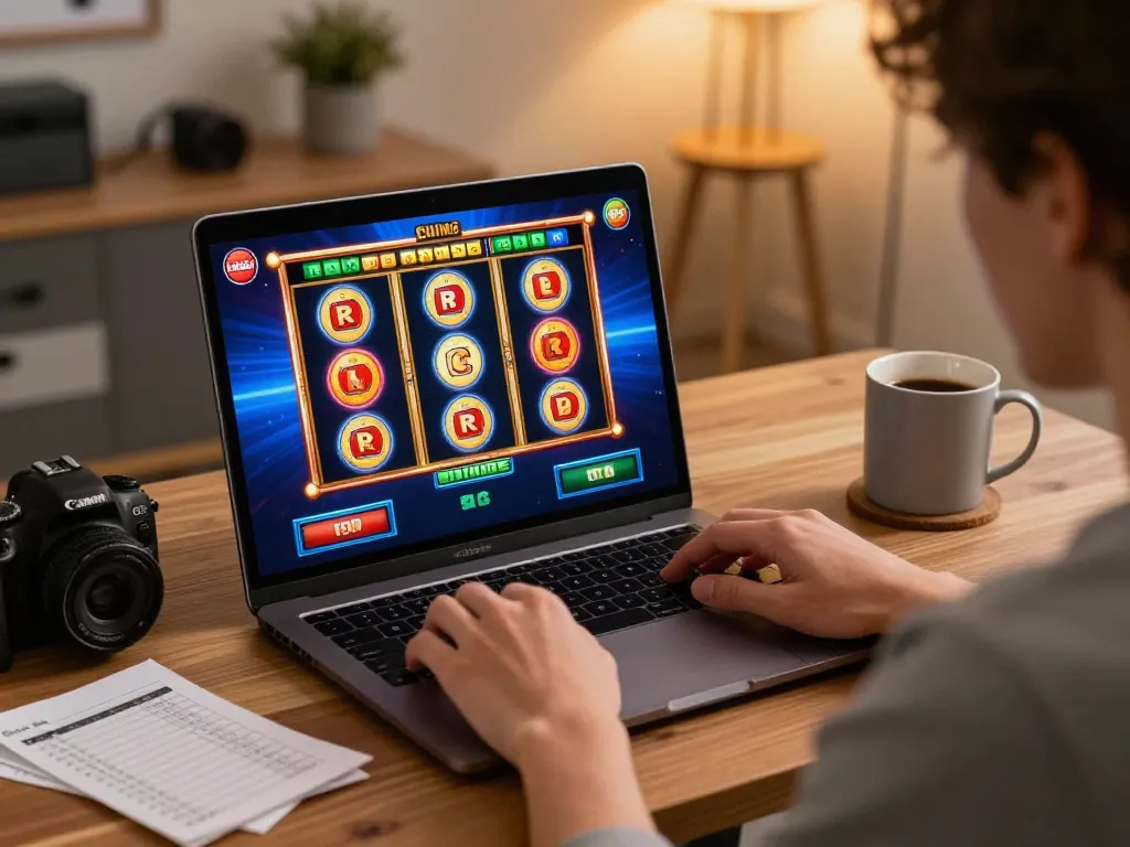 Engaging in online slot gaming on a laptop, exploring situs slot gacor with strategic elements.