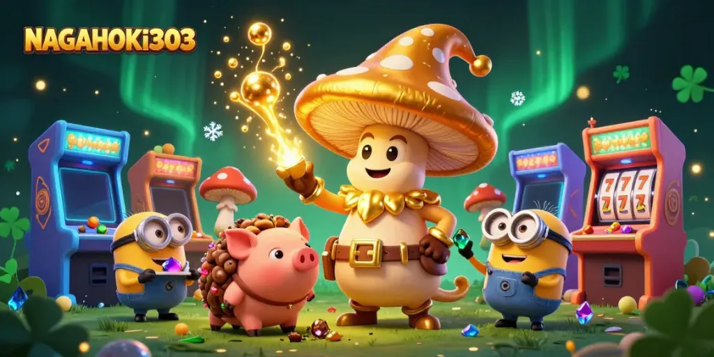NAGAHOKI303 wizard turns treasures to gold in a vibrant casino scene with slot machines and glowing elements.
