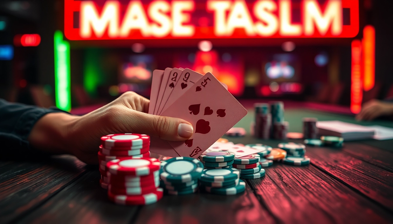 Momen cuan123 di meja kasino dengan poker chips dan kartu, menyoroti kegembiraan permainan.