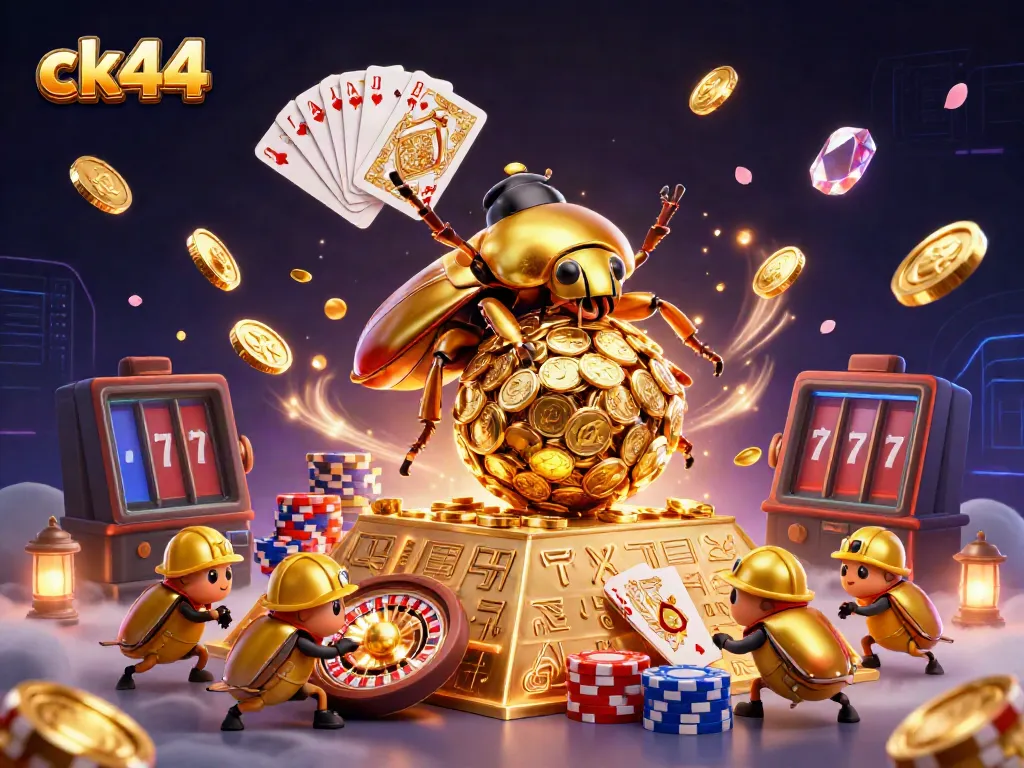 Engage with ck44's exciting gaming scene featuring a golden beetle and casino elements.