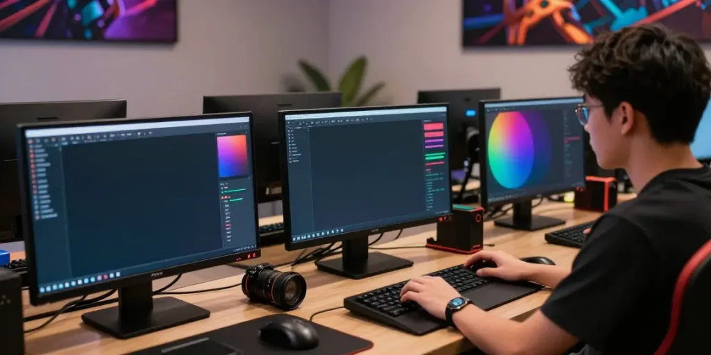 Ratutogel dalam suasana studio permainan modern dengan ahli analisis meninjau data.