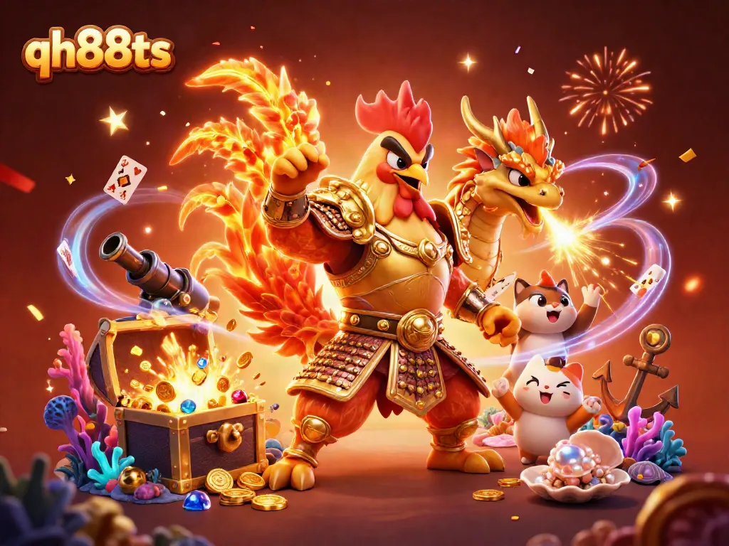 Experience thrilling gameplay at qh88ts with an engaging 3D illustration of a warrior rooster and dragon amid treasure.