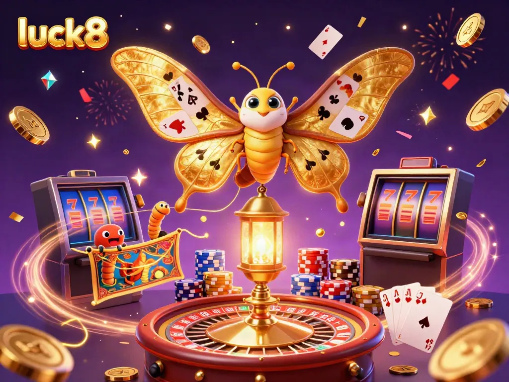 Engage with luck8's vibrant casino universe filled with golden butterflies and dazzling game elements.