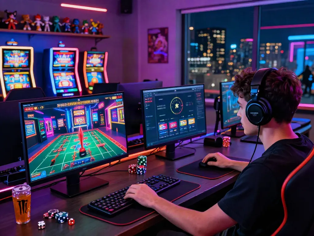 Engaged gamer enjoying a vibrant online casino experience on dual monitors showcasing c168 gaming interface and casino design.